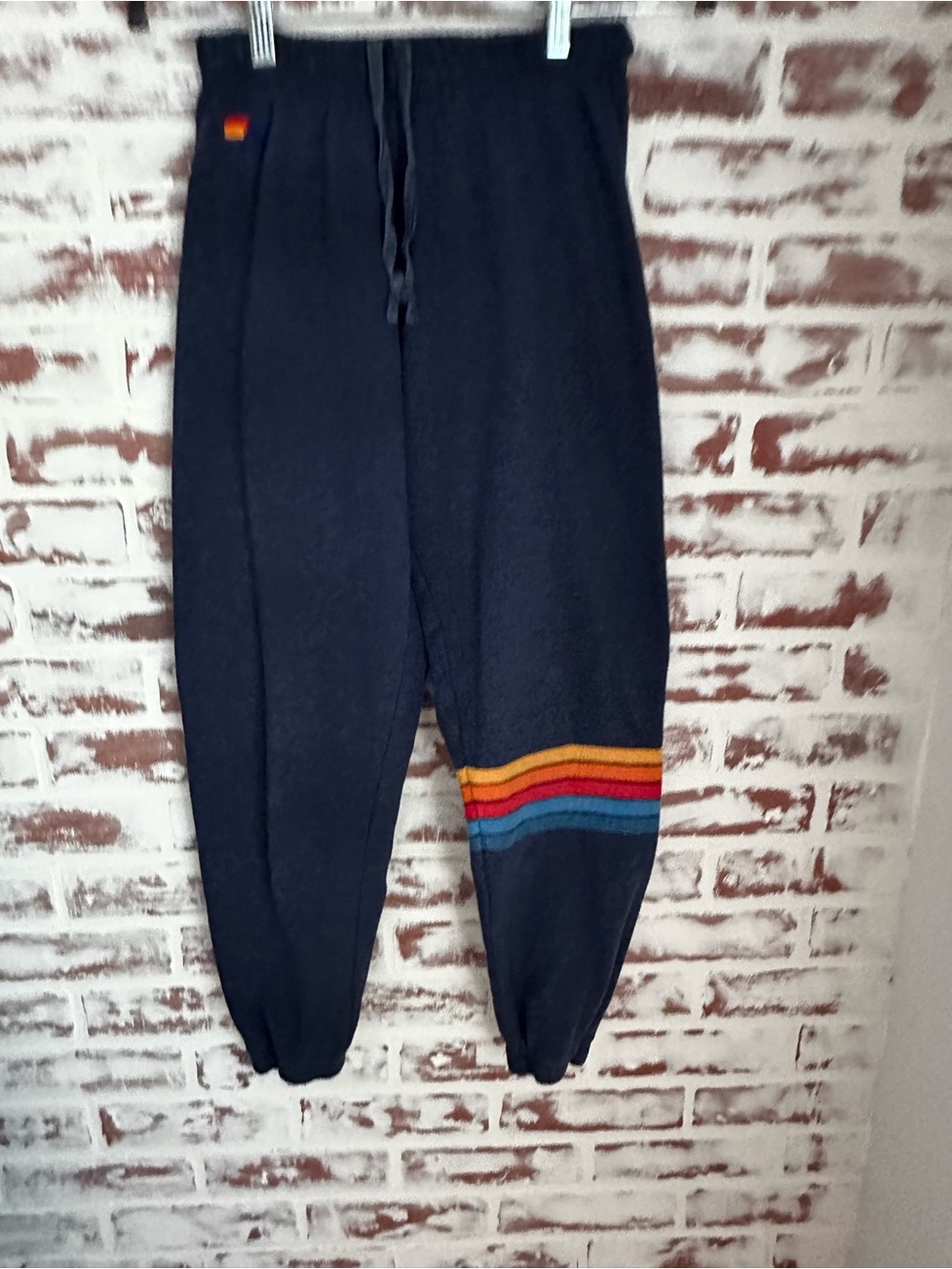 Aviator Nation Navy Blue Sweatpants with Rainbow Side Stripes